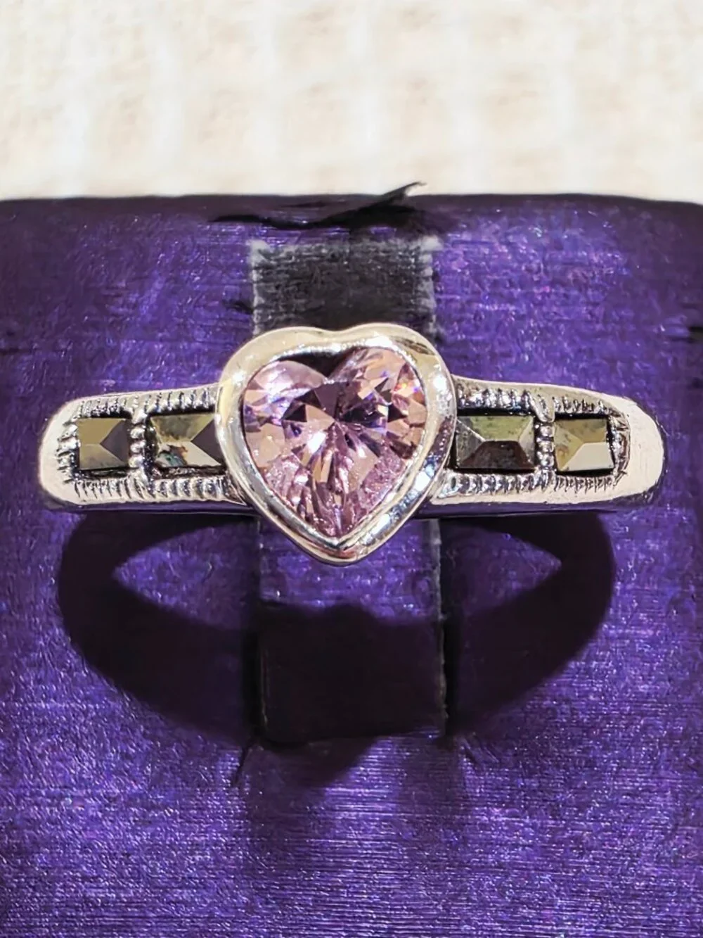 Vintage Bezel Set PINK Heart Solitaire Marcasite Sterling Silver Ring